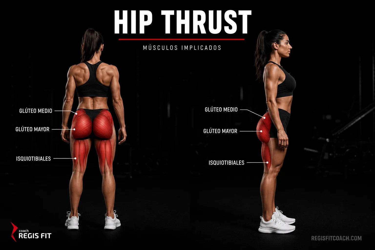 Músculos implicados en el hip thrust: glúteo mayor, glúteo medio e isquiotibiales