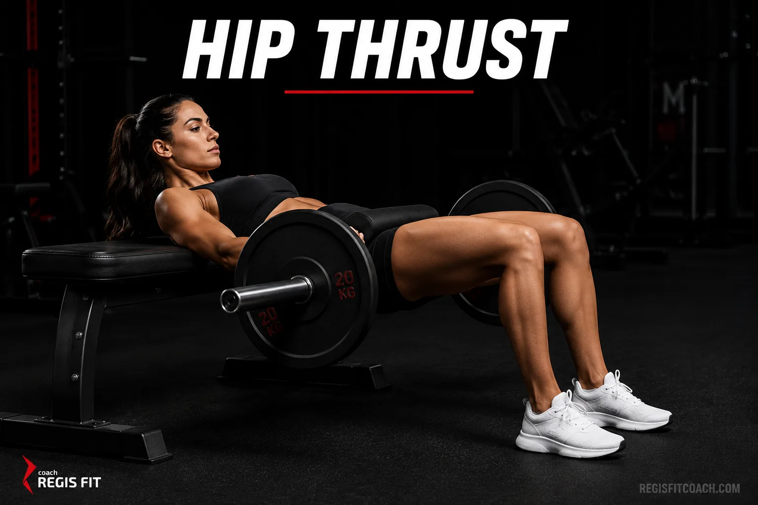 Hip thrust con barra en posición inicial con la espalda apoyada en el banco