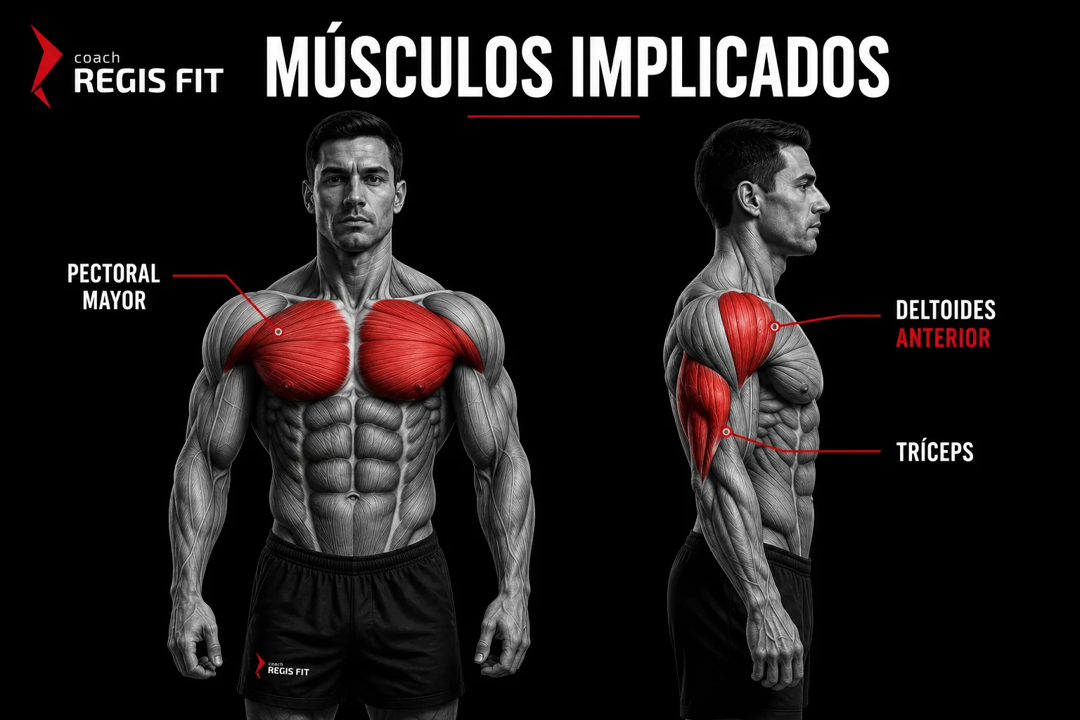 Músculos implicados en el press de banca: pectoral mayor, tríceps y deltoides anterior