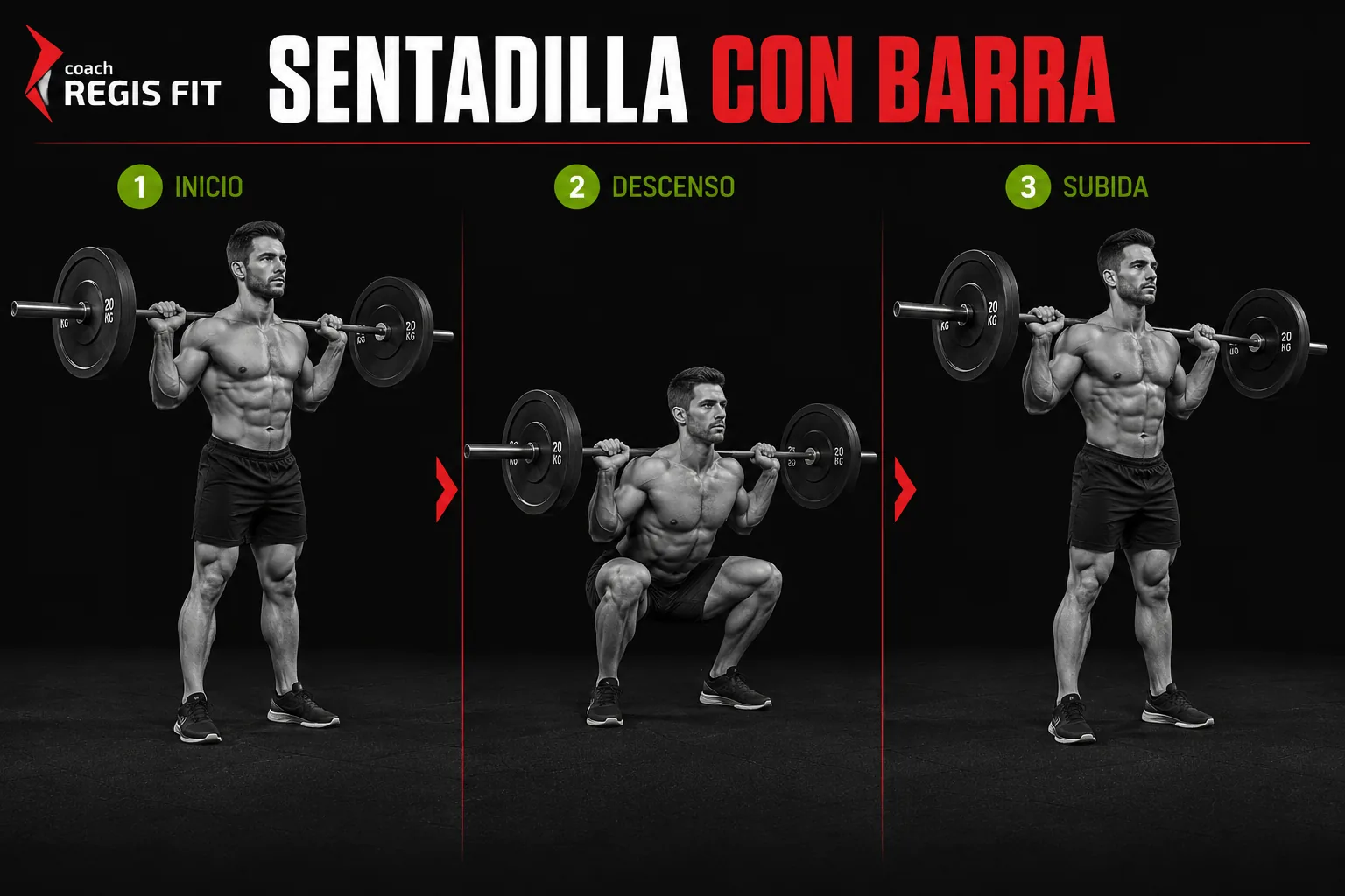 Ejecución de la sentadilla con barra en tres fases: inicio, descenso y subida